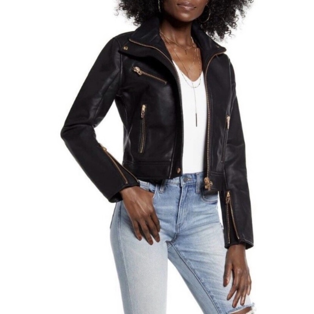Blank NYC Black Leather Jacket with Gold Accents